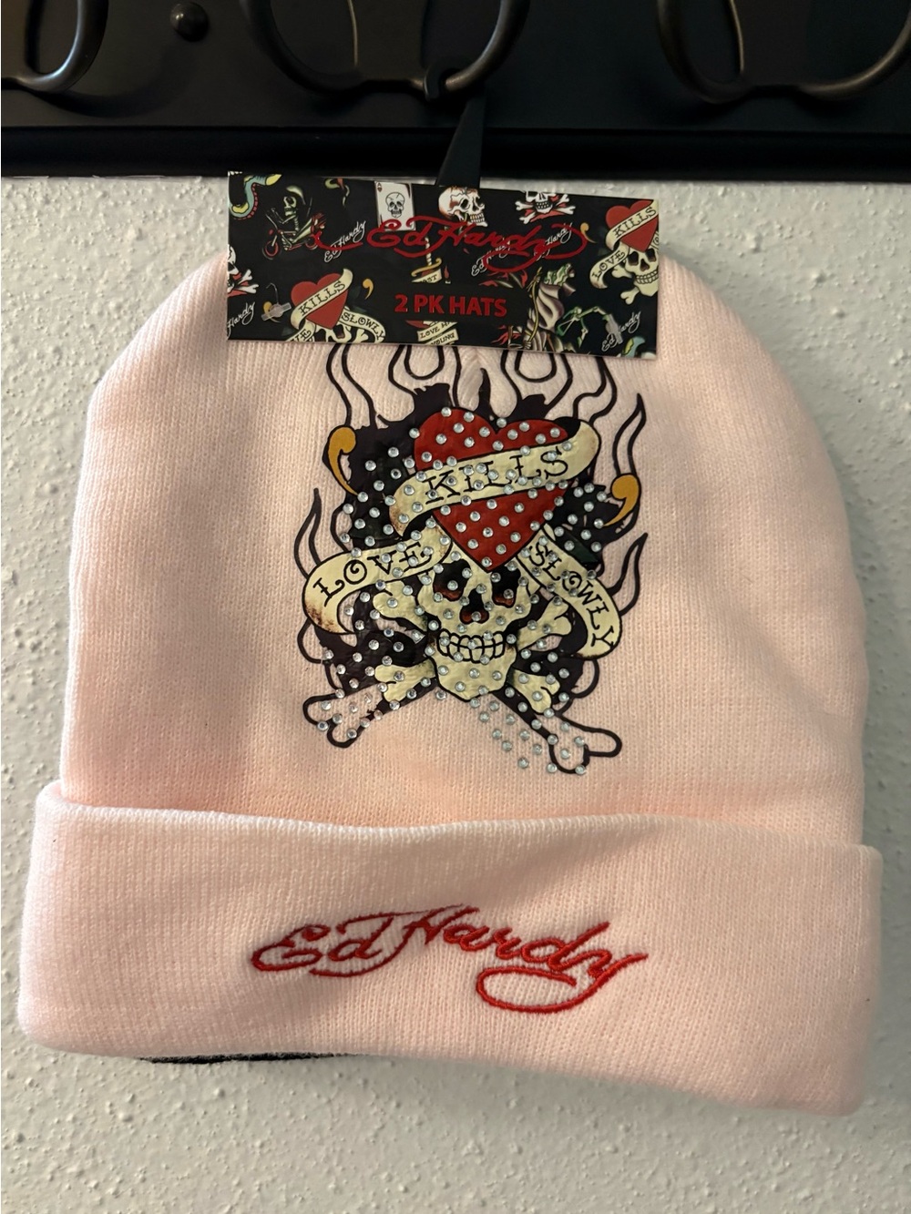 Ed Hardy Pink Kids Beanie with Rhinestone Skull Heart